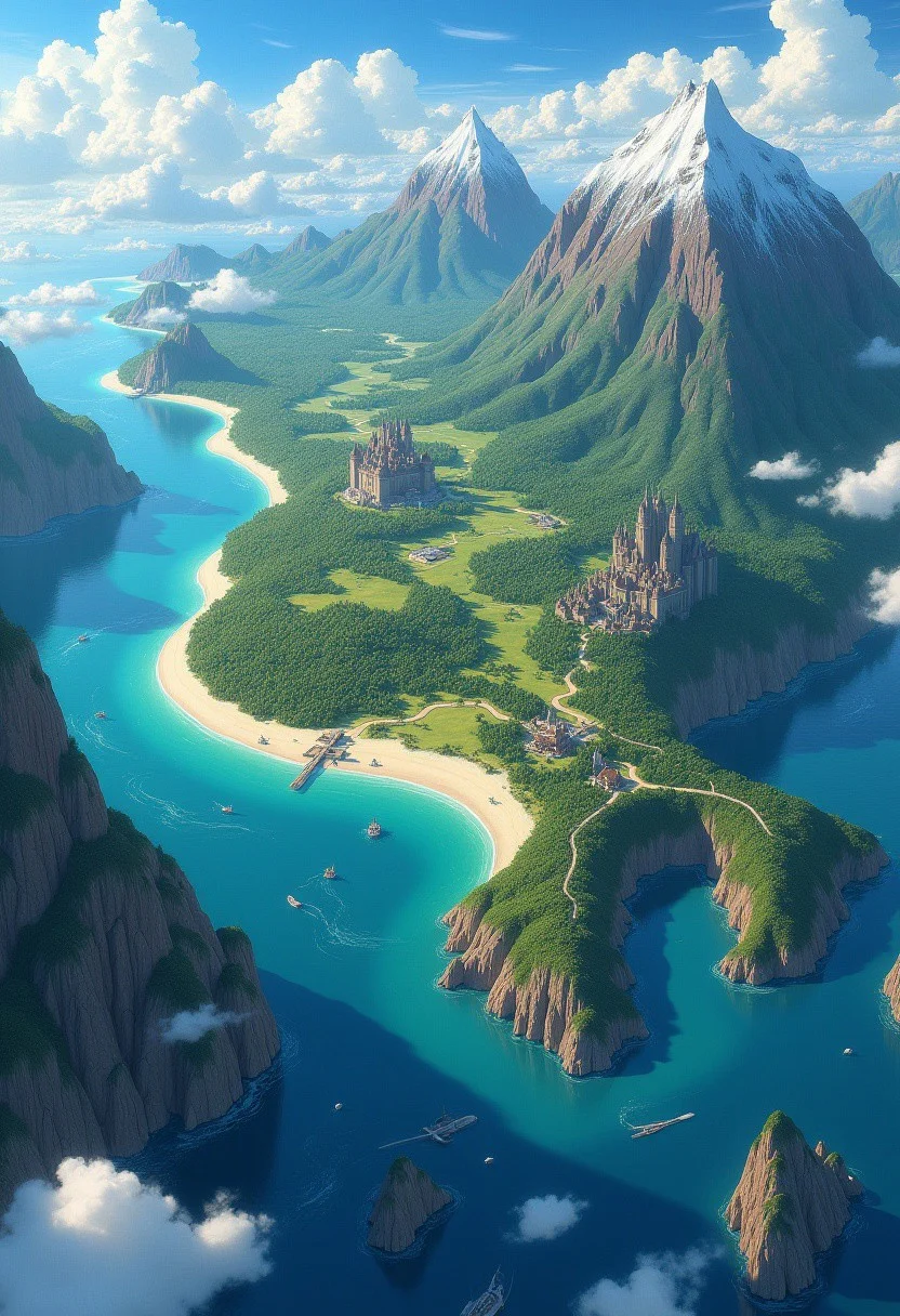 ((a anime fantasy world-map.))
the world map revealed a continent laying in the ocean with vast forests, snow-capped mountain, cities ech with its own unique culture and charm,
the world was vast and sprawling, dense forests, and winding rivers that snaked acroos the landscape like lifeblood,
the world offers all kinds of biomes like jungle, desert, tundra, forest, vally and lakes, large waferfalls, huge trees and beaches as well as cliffs that reach into the water, the world has many small towns and a large city that is built of marble with large walls and a beautiful palace on a hill over a lake called Greifen Fels,
bv-stuanilan, anime landscape, no humans, m4pdr4w, view from far above
