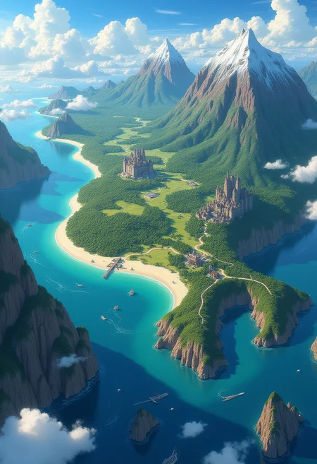 ((a anime fantasy world-map.))
the world map revealed a continent laying in the ocean with vast forests, snow-capped mountain, cities ech with its own unique culture and charm,
the world was vast and sprawling, dense forests, and winding rivers that snaked acroos the landscape like lifeblood,
the world offers all kinds of biomes like jungle, desert, tundra, forest, vally and lakes, large waferfalls, huge trees and beaches as well as cliffs that reach into the water, the world has many small towns and a large city that is built of marble with large walls and a beautiful palace on a hill over a lake called Greifen Fels,
bv-stuanilan, anime landscape, no humans, m4pdr4w, view from far above