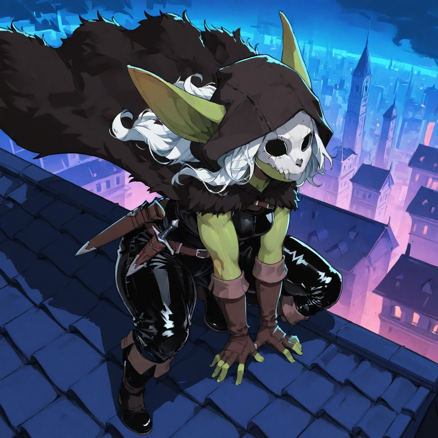 masterpiece, best quality, amazing quality, very aesthetic, absurdres, newest, good quality, newest, highres, flat colour, (detailed environment, dark city, medieval city, overlooking city, on roof) vibrant colors, (1girl:2), ((goblin ears, muscular, shortstack, green skin, curvy, wide hips)) long hair, white hair hair, wavy hair, (leather armor, black outfit, leather outfit, fullbody outfit, black cape, fur cape, belt, leather gloves, dagger, hood, skull mask), (dynamic pose, crouching, on rooftop) (solo:2), no others