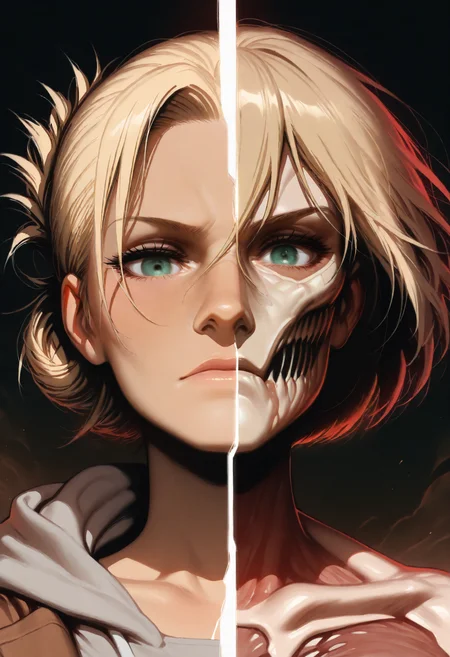 HDR, 8K, high contrast, masterpiece, best quality, amazing quality, very aesthetic, realistic, newest, volumetric lighting, (artist:incase:0.5), (artist:tsuaii:0.5), (flat colors:1.1), 1woman, 1girl, SplitScreen, split screen, upper body, Annie Leonhart(shingeki no kyojin), action shot, looking at the viewer, <lora:ponyv4_noob1_2_adamW-000017:0.45> <lora:SplitScreen_illusXL_Incrs_v1:1>
HDR, 8K, high contrast, masterpiece, best quality, amazing quality, very aesthetic, realistic, newest, volumetric lighting, (artist:incase:0.5), (artist:tsuaii:0.5), (flat colors:1.1), 1woman, 1girl, SplitScreen, split screen, upper body, Annie Leonhart(shingeki no kyojin), titan, female titan, action shot, looking at the viewer, <lora:ponyv4_noob1_2_adamW-000017:0.45> <lora:SplitScreen_illusXL_Incrs_v1:1>