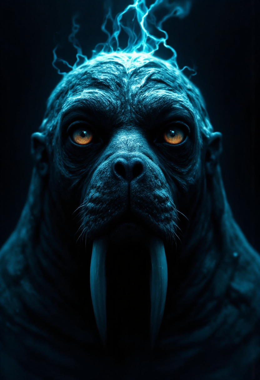 A electric fire walrus in a dramatic, chiaroscuro-style. One side of his face is dimly lit while the other half is obscured in deep dark shadow. His expression is dark and mysterious with mystifying eyes seeming to hold untold secrets.