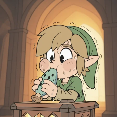 masterpiece, best quality, amazing quality, very aesthetic, absurdres, newest, RetroXL, toon \(style\), flat color, black eyes, solo, male, link, green tunic, green cap, holding (blue) ocarina to mouth, trembling, sweating, puffy cheeks, inside temple, torches, (blurry background), <lora:RetroToonXL_Style:1>