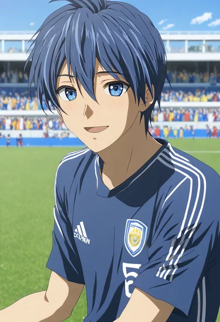 Anime Style, easynegative, detailed_eye_model, Highres, Masterpiece, High Quality, 4K, 8K, solo, 1boy, Tomoya Okazaki, Deep Blue Eyes, Grey Blue Hair, soccer player, soccer boy, field, happy, tired, celebration, sunny day, half body
