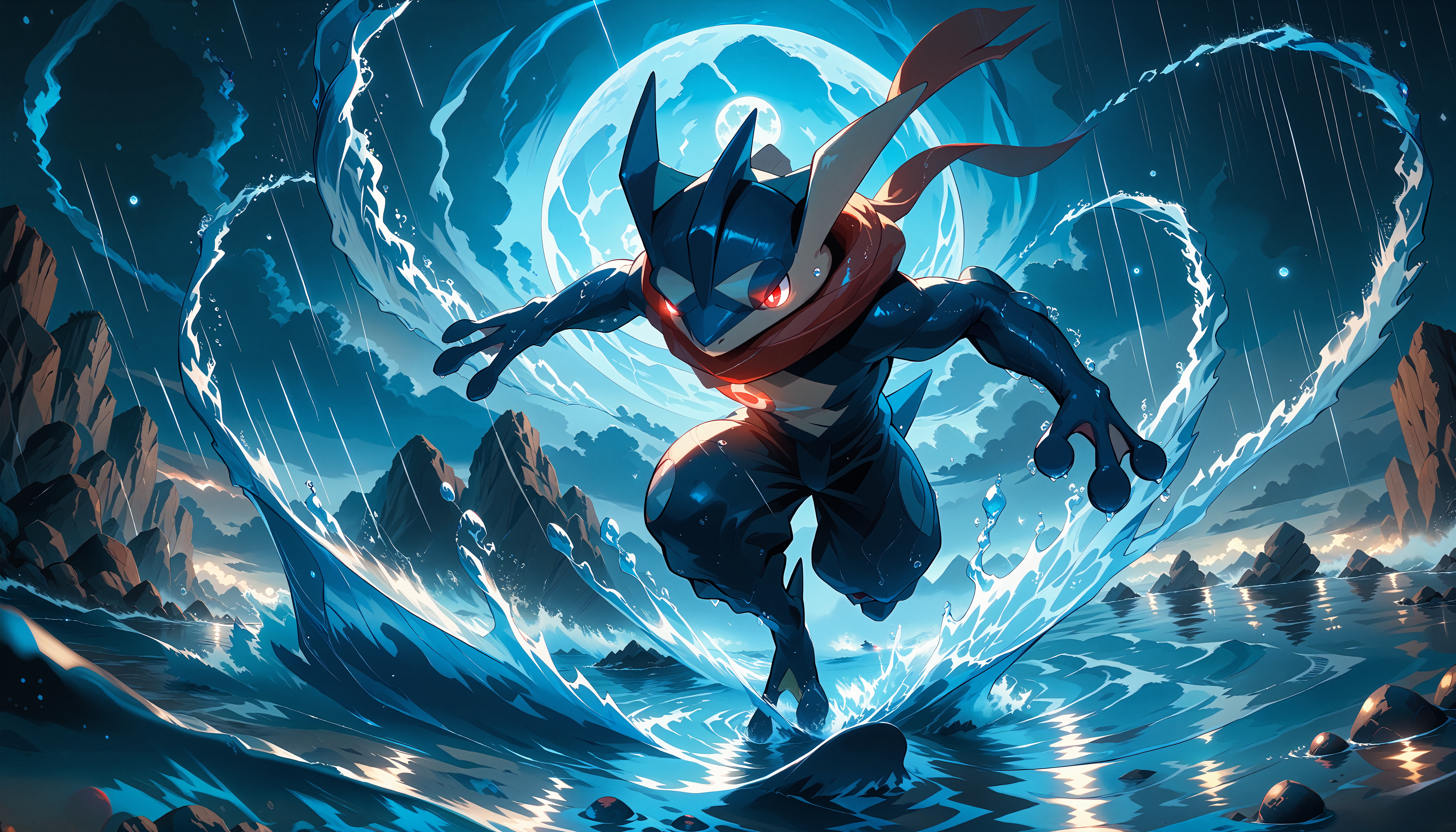 score_9,score_8_up,score_7_up,score_6_up,<lora:StS_PonyXL_Detail_Slider_v1.4_iteration_3:4>,<lora:POKEMON_GRENINJA:1>,Greninja,pokemon (creature),red eyes,glowing eyes,<lora:Superspeed:0.7>,running,midair,motion blur,ocean,from below,close up,landscape,rain,night,moon,<lora:Water_magic_Magic_PACK:1>,watmagmb,water,Waves,Water ball,Water spiral,Water vortex,