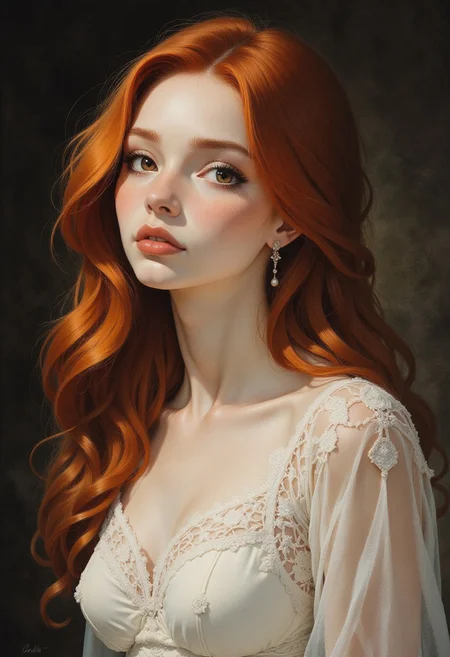 masterpiece iconic portrait of an exotic woman with fair perfect porcelain skin and long flowing red hair  and big brown eyes, dressed white knit lace sheer dress, <lora:MysticXXX-V6:0.6>, <lora:test:0.8>, baroque, chiaroscuro, realistic, emotional, flat lighting, Rembrandt style <lora:Dark_Ghibli:0.8>