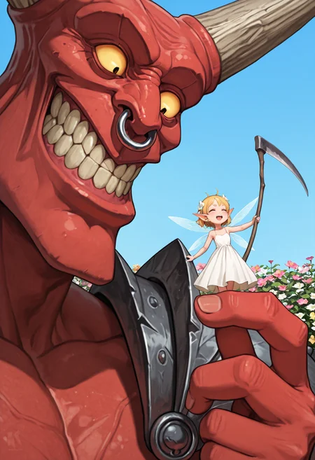 1woman, fairy, man hand, hand close-up, holding fairy, horned_reaper, duo, giant man, shoulder pads, holding scythe, nose ring, man head teeth, red skin man. white dress fairy,
flower garden, blue sky,
masterpiece,best quality,amazing quality