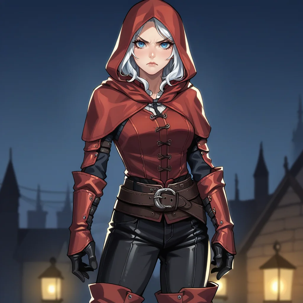 score_9, score_8_up, score_7_up, score_6_up, score_5_up, score_4_up, zPDXL2,source_anime,rating_questionable,solo, cowboy shot, looking at viewer, glare, night, nightime, medieval,<lora:Rogue_Armor:0.8> rogu3, belt, multiple belts,black bodysuit, red leather armor, gloves, boots, hood