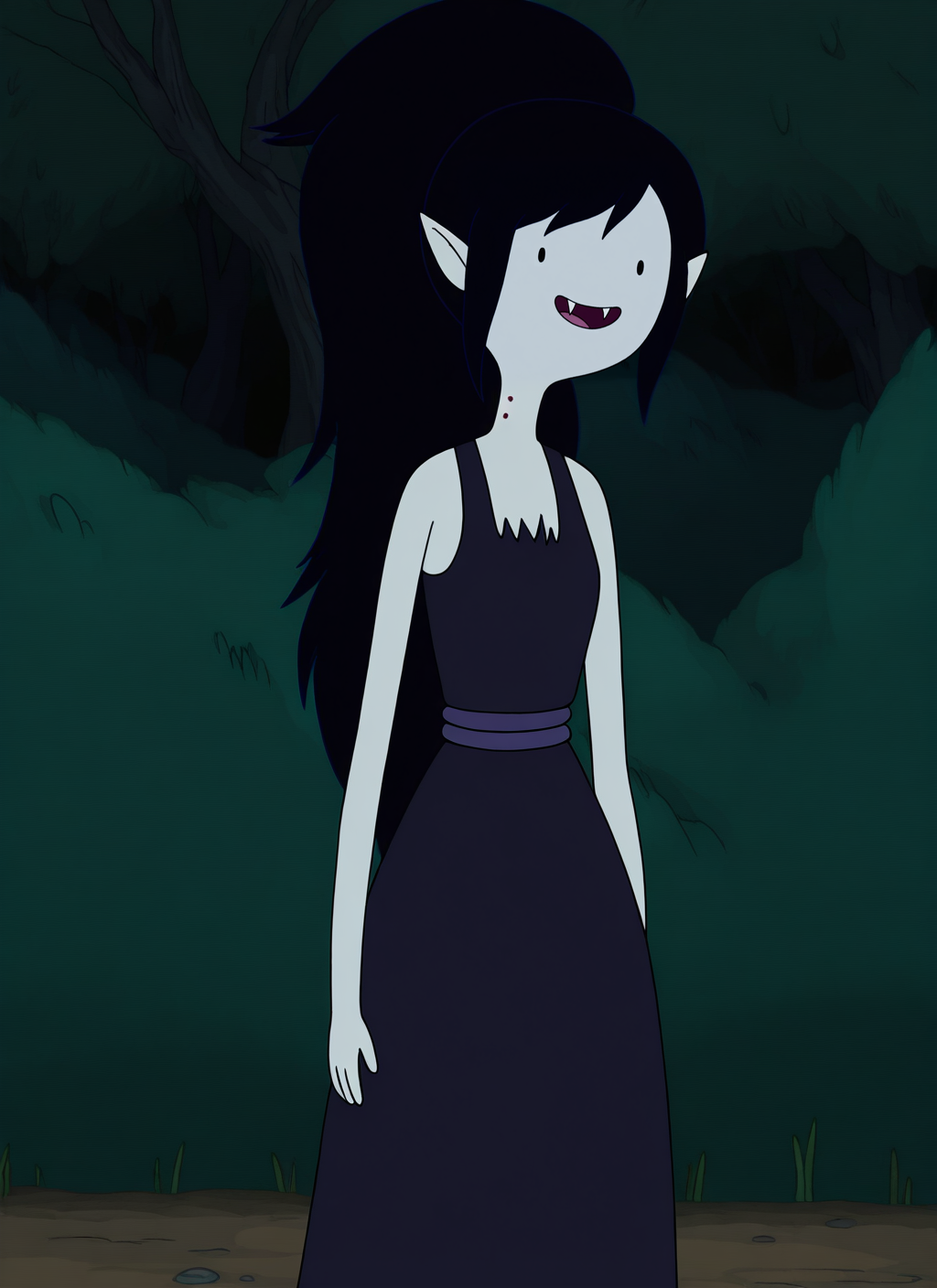 artist:, masterpiece, best quality, newest, very awa, absurdres, highres, advt, 1girl, mrln, smile, open mouth, grey skin, black hair, long hair, ponytail, fangs, neck mark, pointy ears, black dress, looking at viewer, daytime, nature, detailed, <lora:SDXL\Illustrous\Adventure_Time_style_and_characters:1.0>