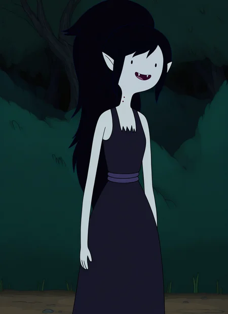 artist:, masterpiece, best quality, newest, very awa, absurdres, highres, advt, 1girl, mrln, smile, open mouth, grey skin, black hair, long hair, ponytail, fangs, neck mark, pointy ears, black dress, looking at viewer, daytime, nature, detailed, <lora:SDXL\Illustrous\Adventure_Time_style_and_characters:1.0>