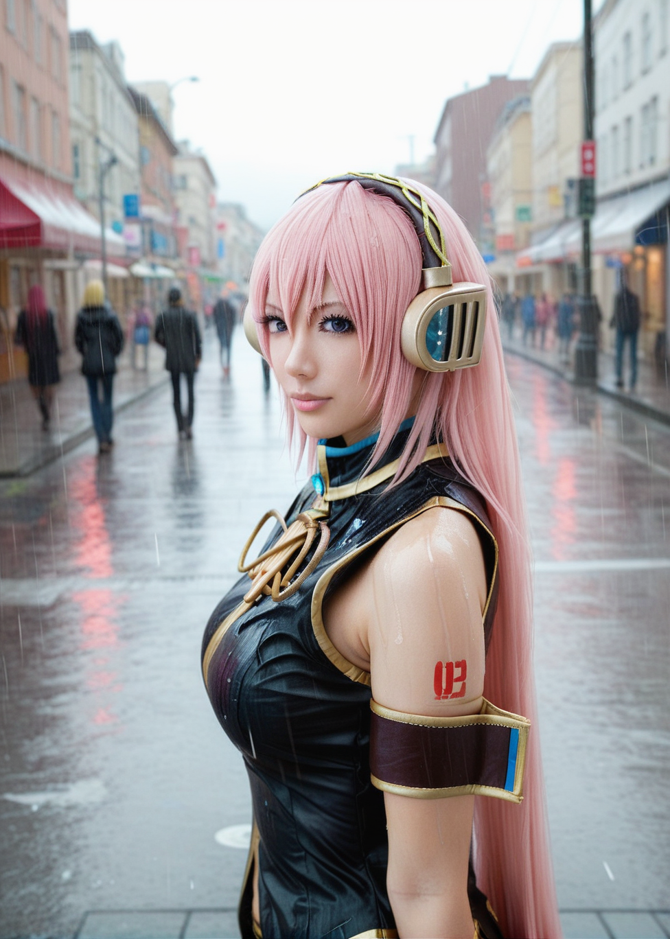 score_9, highly detailed, 1girl,  megurine luka v2, pink hair, large breasts, very long hair, street background, rain, looking at viewer, <lora:Megurine_Luka_V2_Pony_Realistic:1>