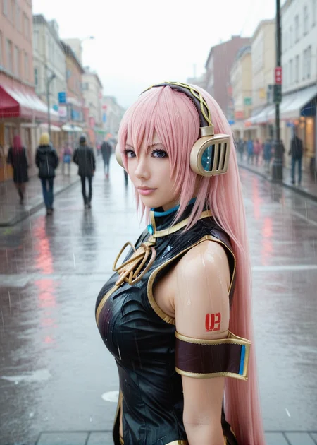 score_9, highly detailed, 1girl, megurine luka v2, pink hair, large breasts, very long hair, street background, rain, looking at viewer, <lora:Megurine_Luka_V2_Pony_Realistic:1>