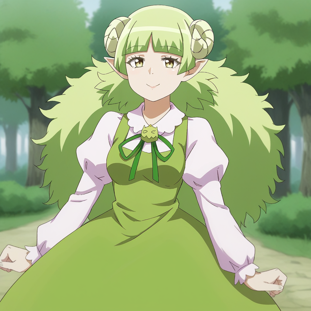 score_9, score_8_up, score_7_up, score_6_up, score_5_up, score_4_up, zPDXL2,source_anime,rating_questionable,  1girl, outdoors, looking at viewer, <lora:Mrs.Valac:0.8> Ms.Valac_IrumaKun,  blunt bangs, green hair,long hair,  demon girl, demon horns, curled horns, pointy ears, green ribbon, neck ribbon, puffy sleeves,  green dress