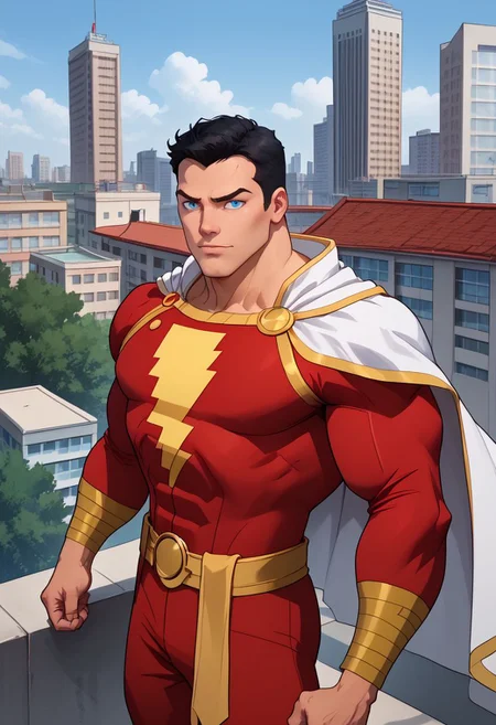High Quality, Shazam, solo, 1man, flexing arms, black hair, blue eyes, red suite, white cape, red hero suite, muscle body, posing on the roof of a building,