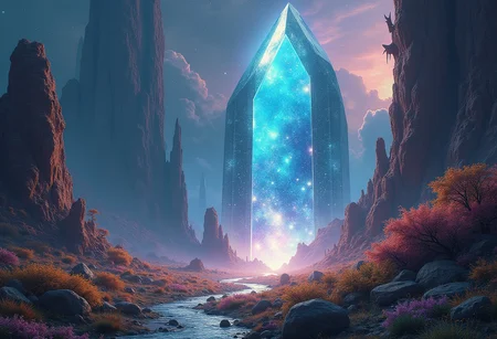 An incredible alien landscape with a volley of diferent vegetation, Luminous and shiny crystal stands in the walley. Cosmos and galaxies are cealed inside of crystal, A large portal leading to another reality stand in the center of a scene