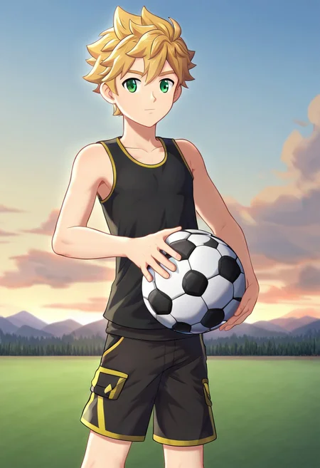 connor, blonde hair, bangs. spiky hair, short hair, green eyes, camp buddy, boy, solo, young man, 18 years old, medium build body, wear black tank top, wear black shorts, outdoor, sunny day, clear sky, standing, (holding a soccer ball:1.20)