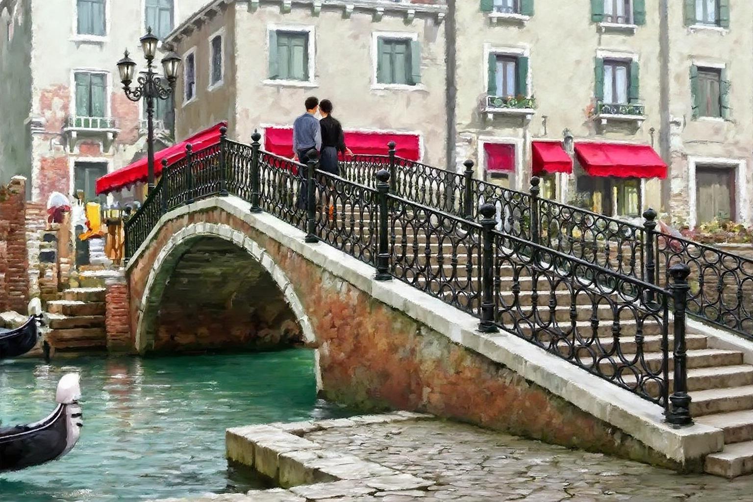 richardmacneil1 painting. A couple walks on an arched bridge with wrought-iron railings, spanning a narrow canal with gondolas moored along the edge. The buildings lining the canal have pastel-colored facades and arched windows, with red awnings on some. Cobblestone pathways line the canal, and several lampposts are visible. <lora:richardmacneil1_cap_d8a4e11:1.0><lora:853236552950662729:0>