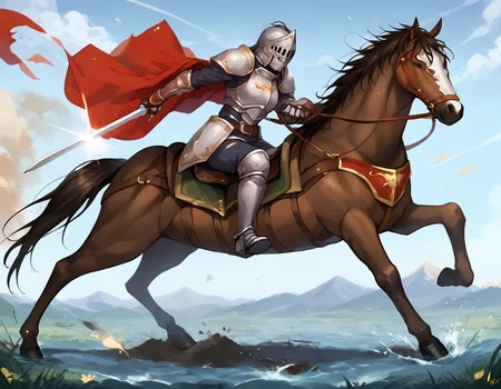 score_9,score_8_up,score_7_up,best quality,masterpiece,super detailed,extreme detailed,full_body,zPDXL BREAK (nature:1.1),(field:1.1),
<lora:Pony_DetailV2.0:1> BREAK 1girl,Cavalier,knight,armor,cape,gloves,helmet,horse,horseback riding,<lora:Cavalier:0.8>,holding sword,charging forward,fighting stance,