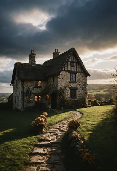 cinematic drama still, climax, shot on kodak portra 400, epiCPhoto, dramatic, beautiful clouds, a sensational (stone cottage with warmly lit windows, inviting medieval home, a dangerously alluring welcome) against an english vale in a fading autumn setting, mib approach the house, windy, a silver lining, fantastic realism, sensational realism, dramatic lighting interplay of glimmering light and dark shadows evokes a sense of warmth and mystery, zavy-rmlght, detailxl