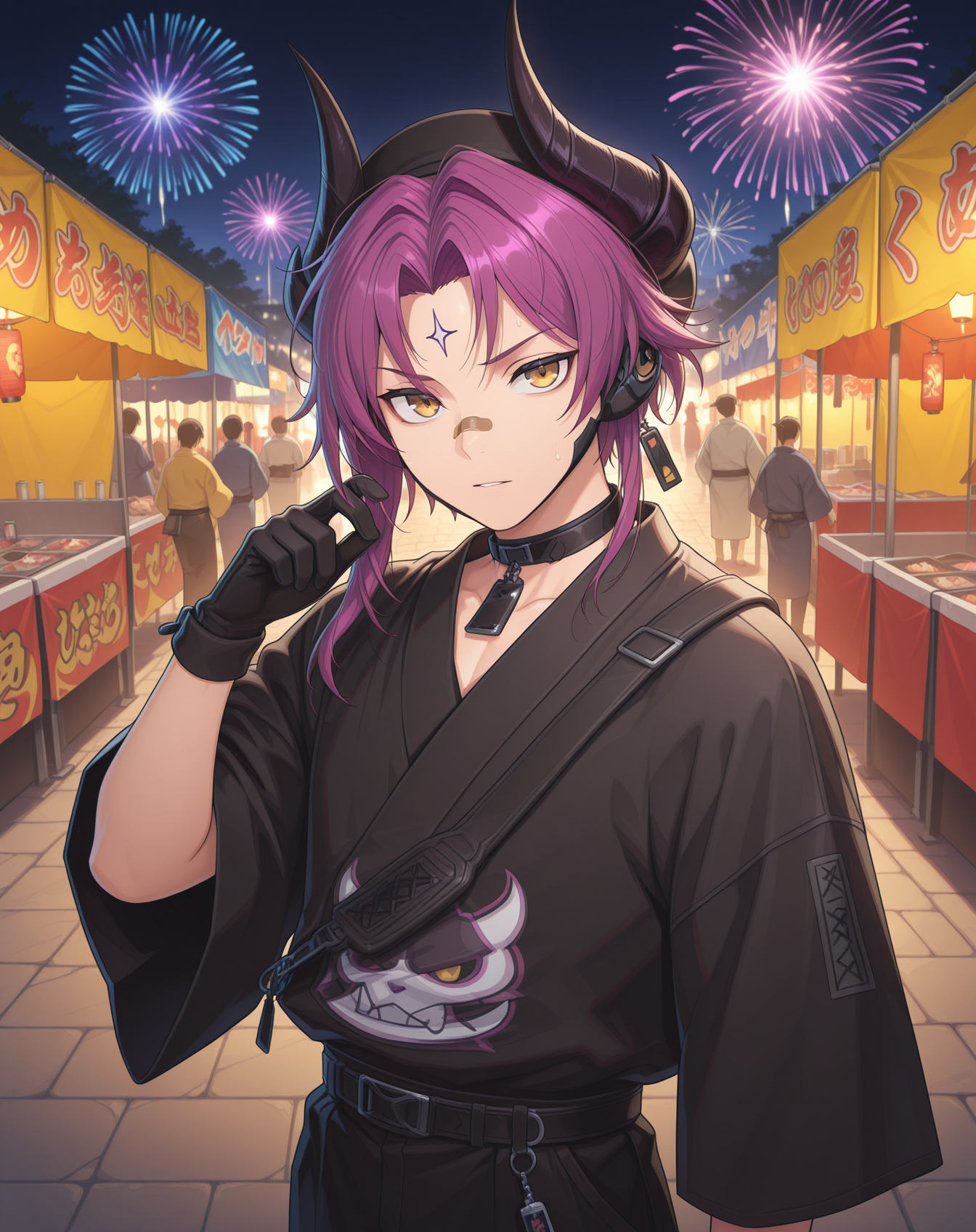 masterpiece,best quality,amazing quality, newest, very aesthetic, absurdres,
1boy, solo, yaoi, male focus, looking at viewer, cowboy shot,
 <lora:Veigas_T_Hidden_Street_ilxl:1> veigaststreet, black horns, purple hair, yellow eyes, bandaid on nose, forehead tattoo, eyebrow piercing, parted bangs,short hair with long locks, asymmetrical hair, demon horns,
yukata, open clothes,
outdoors, festival, night, fireworks, stone floor,