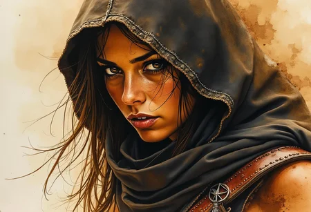 Expressive Watercolor Ink Wash, Inkplash art on rice paper, sepia, henna , closeup portrait of barbarian amazon woman, female assassin, in leather armour, dark cloak, in an ancient fantasy village, silhouetted, chiascuro, dynamic, one side of her face illuminated, direct gaze