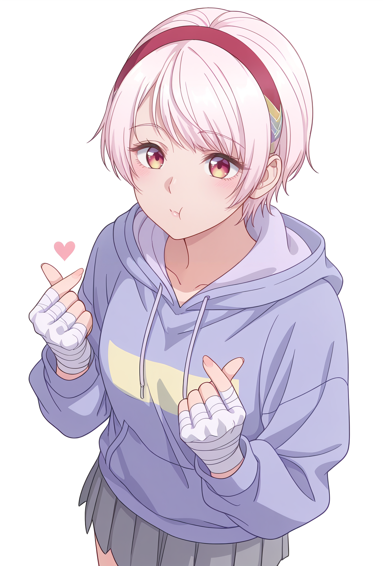 Smooth Quality,masterpiece,beautiful aesthetic, very intricate, high quality details, ultra realistic, high detailed skin,
simple background, white background,
dynamic angle,finger heart,:t,
skirt,,hoodie, ,Bandaged hand, <lora:Natsukawa_Renacnn:0.8> rena/cnn, 1girl, short hair,