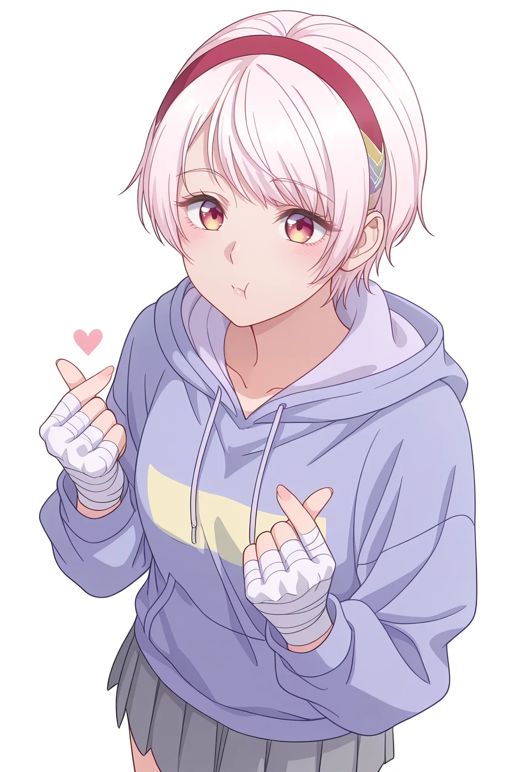 Smooth Quality,masterpiece,beautiful aesthetic, very intricate, high quality details, ultra realistic, high detailed skin,
simple background, white background,
dynamic angle,finger heart,:t,
skirt,,hoodie, ,Bandaged hand, <lora:Natsukawa_Renacnn:0.8> rena/cnn, 1girl, short hair,
