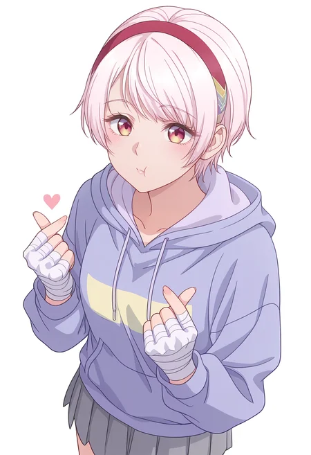 Smooth Quality,masterpiece,beautiful aesthetic, very intricate, high quality details, ultra realistic, high detailed skin,
simple background, white background,
dynamic angle,finger heart,:t,
skirt,,hoodie, ,Bandaged hand, <lora:Natsukawa_Renacnn:0.8> rena/cnn, 1girl, short hair,