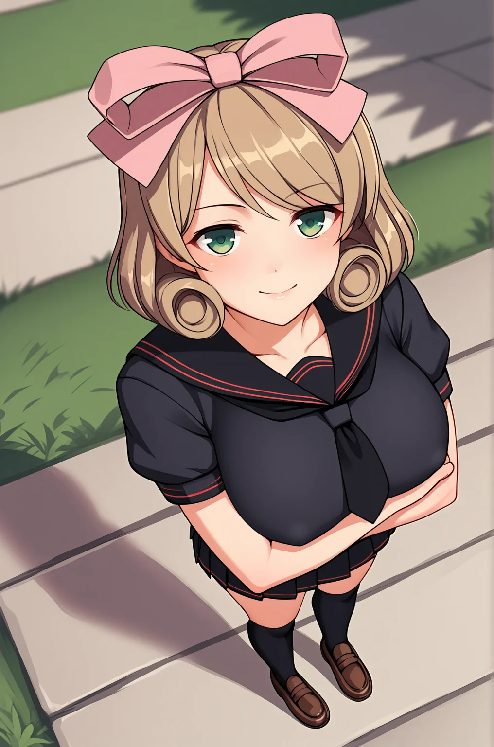anime artwork, score_9, score_8_up, score_7_up, score_6_up, score_5_up, score_4_up, source_anime, BREAK, thick outline, fat outline,
Haruka_XL, light brown hair, short hair, drill hair, hair ribbon, green eyes, large breasts, BREAK, hebijo_outfit, school uniform, black sailor collar, black tie, black serafuku, black shirt, black skirt, pleated skirt, crop top, short sleeves, black legwear, brown loafers, BREAK, outdoors, from above, crossed hands,
<lora:Haruka_XL:0.7>
<lora:PersonalAmi_PonyXL:1.0>