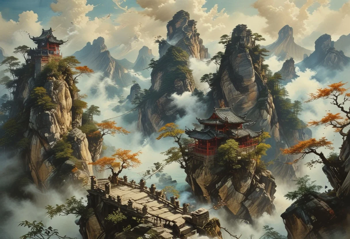 ultra fine detail, highly detailed and intricate details, cinematic, high definition, Tianzi Mountains, Chinese mountains, blue skies, forest, river, birds flying, sun behind mountain, shadow cast, The mountains are tall, there are few trees on the mountain, there are stone stairs leading up the mountains, the mountains pierce the sky, the clouds are swirling around the frog shaped mountains, the clouds are breaking apart allowing light to pass through them, there is an old monk walking up the stair case, the old monk is smoking from a pipe, there are red wooden guard railings along the stair case up the mountain, dragon fling between the mountains, advntr, (ink-style, ink_wash_painting),