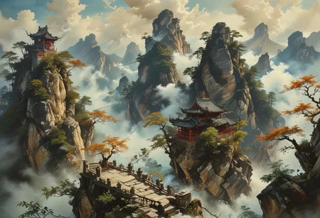 ultra fine detail, highly detailed and intricate details, cinematic, high definition, Tianzi Mountains, Chinese mountains, blue skies, forest, river, birds flying, sun behind mountain, shadow cast, The mountains are tall, there are few trees on the mountain, there are stone stairs leading up the mountains, the mountains pierce the sky, the clouds are swirling around the frog shaped mountains, the clouds are breaking apart allowing light to pass through them, there is an old monk walking up the stair case, the old monk is smoking from a pipe, there are red wooden guard railings along the stair case up the mountain, dragon fling between the mountains, advntr, (ink-style, ink_wash_painting),