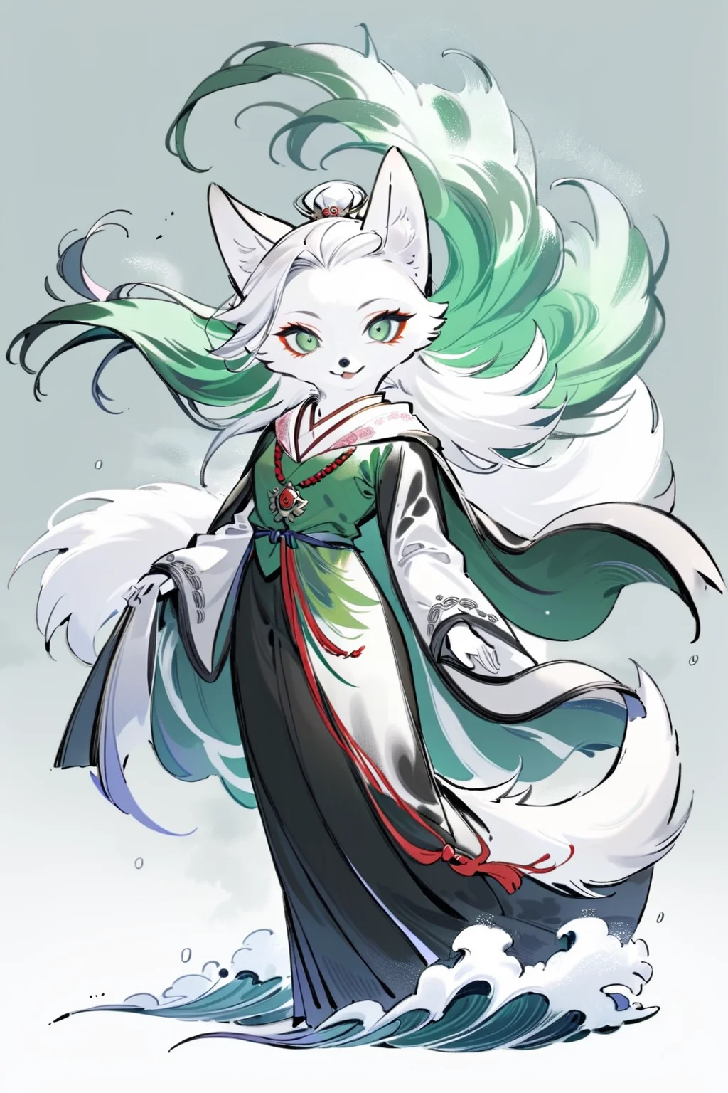(((masterpiece))),(((best quality))),((ultra-detailed)), ani,no hunmans,
A white fox, draped in a verdant green silk cloak and adorned with a deep red agate necklace, gracefully floats above the emerald waves, its eyes shimmering with the light of wisdom. Its snow-white fur is adorned with red roses, as if ablaze with jade-like green flames. The gentle breeze brushes against its fur, delicately lifting its cloak as if dancing to its prayers. Its presence is like a magical hymn, bestowing wisdom and enlightenment upon all beings around.,
white background, full body,Role concept design, <lora:InkAni-000016:0.8>
