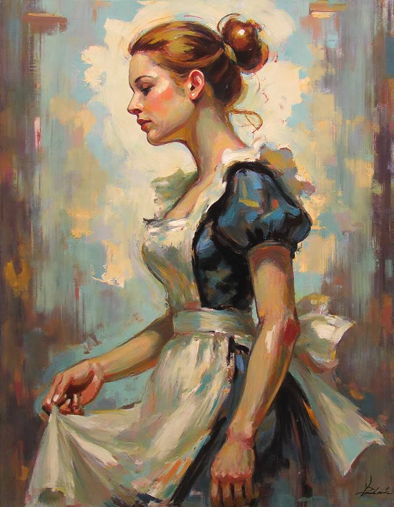 expressive brushstrokes, warm tones, calming background, ssf_4bstr4ct painting of a french maid