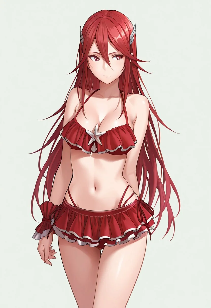masterpiece, best quality, crimsonj-girl.fightil,
1girl, CordeliaSummer, long hair, red hair, hair ornament, red eyes, swimsuit, red bikini, bikini skirt, breasts, cleavage,
simple background, perfect anatomy
