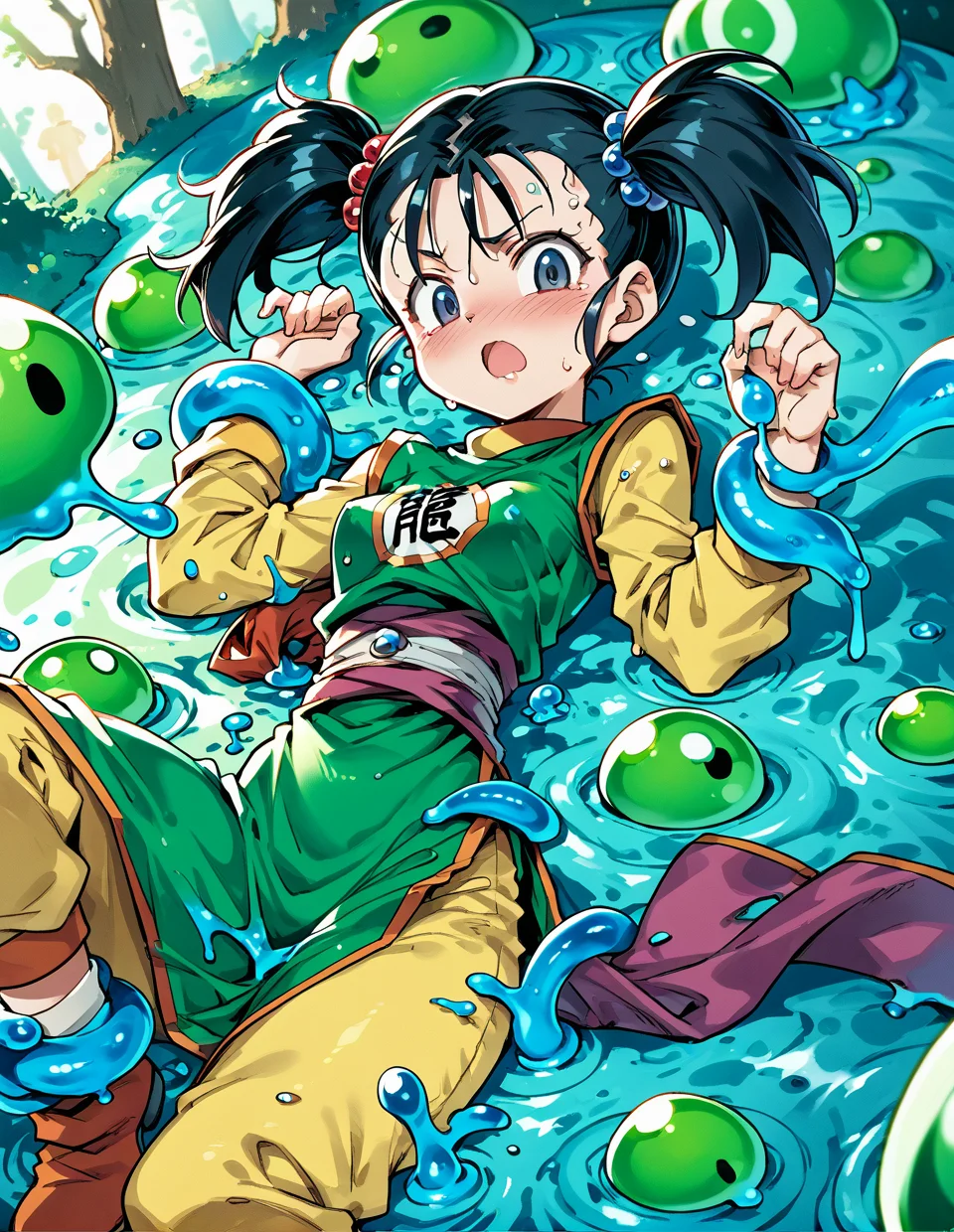 1girls,<lora:fighter(dq3)_pony:1>,fighter(dq3),black hair,short twintails,small breasts,
looking at viewer,green chinese clothes,long sleeves,sash,pants,slime(dragon quest),restrained,tentacles,blush,sweat,slime between a girl's legs,slime \(substance\),wet and messy,
mating press,restrained by slime,covered in slime,slime (substance),attacked by slime monsters,tied by slime,slime tighten limb,tighten strongly,trembling,moaning,embarrass,, score_9,score_8_up,score_7_up,score_6_up,score_5_up,score_4_up,