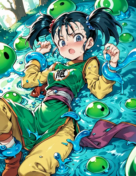 1girls,<lora:fighter(dq3)_pony:1>,fighter(dq3),black hair,short twintails,small breasts,
looking at viewer,green chinese clothes,long sleeves,sash,pants,slime(dragon quest),restrained,tentacles,blush,sweat,slime between a girl's legs,slime \(substance\),wet and messy,
mating press,restrained by slime,covered in slime,slime (substance),attacked by slime monsters,tied by slime,slime tighten limb,tighten strongly,trembling,moaning,embarrass,, score_9,score_8_up,score_7_up,score_6_up,score_5_up,score_4_up,