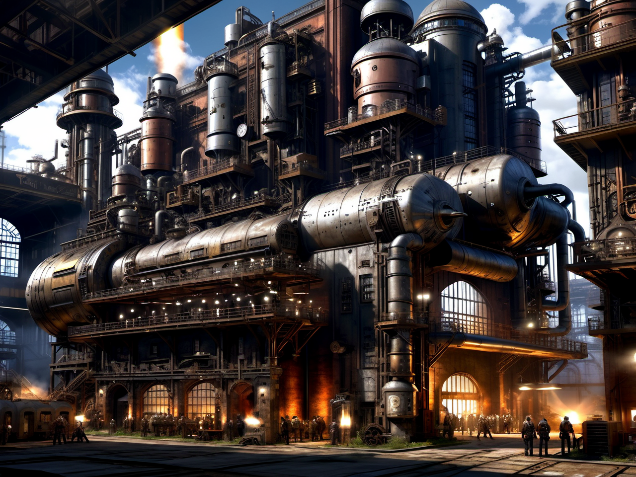 <lora:TechPunkAI:.7> DieselPunkAI  factory  (Highly detailed, amazing retro-futuristic setting), (Shiny Impressive lighting), (Ultra Realistic, High quality, Highly detailed, Sharp focus, 8K UHD, Art photography), (trending on artstation)