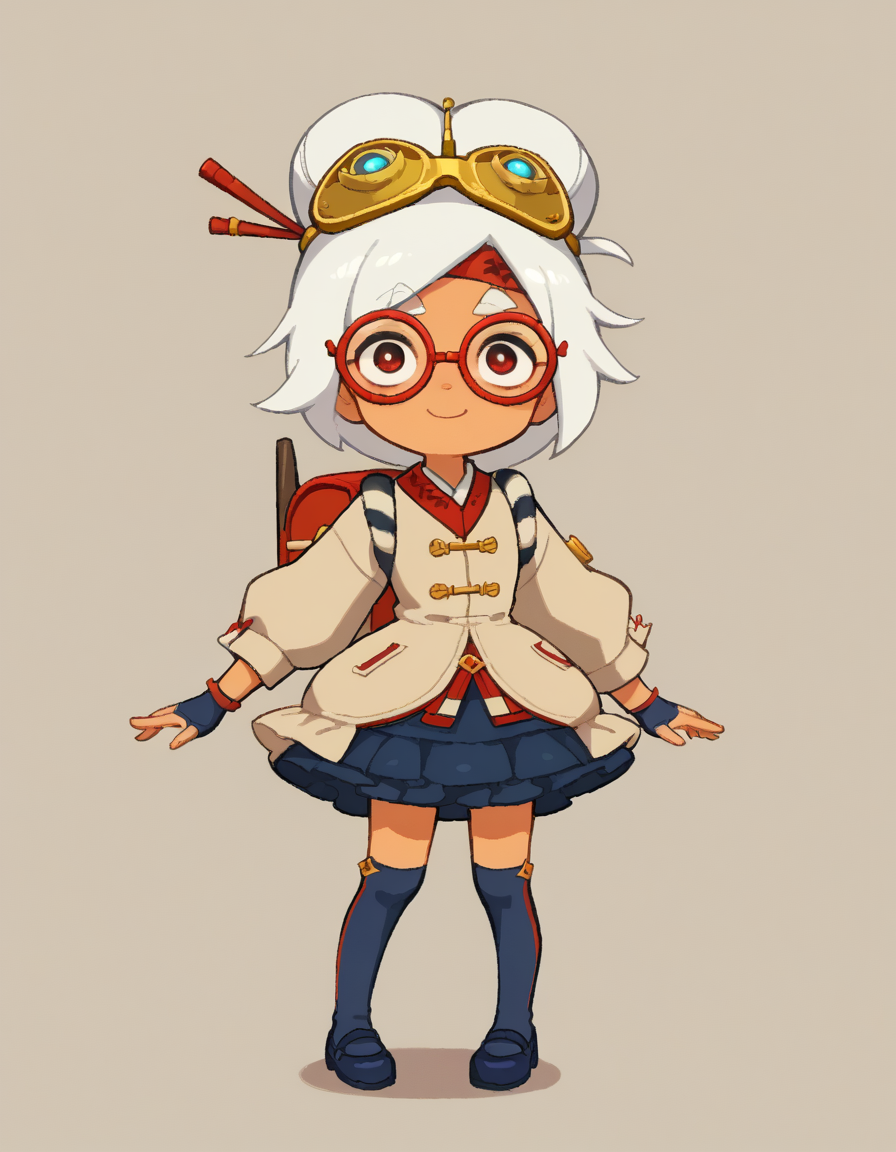 zPDXL, score_9, score_8_up, score_7_up, source_anime, 1girl, solo,
 <lora:LilPurah_v1.2:0.6> purah, sheikah, white hair, dark-skinned female, child, thick eyebrows, red eyes, red-framed eyewear, hair bun, goggles on head, beige jacket, blue skirt, frilled skirt, blue socks, kneehighs, blue footwear, mary janes, red headband, goggles on head, hair stick, hair beads, randoseru, red bag, bag straps, blue and white striped strap, fingerless gloves, blue gloves, petticoat, light smile, <lora:StickySweet_v3:1> stkyswt