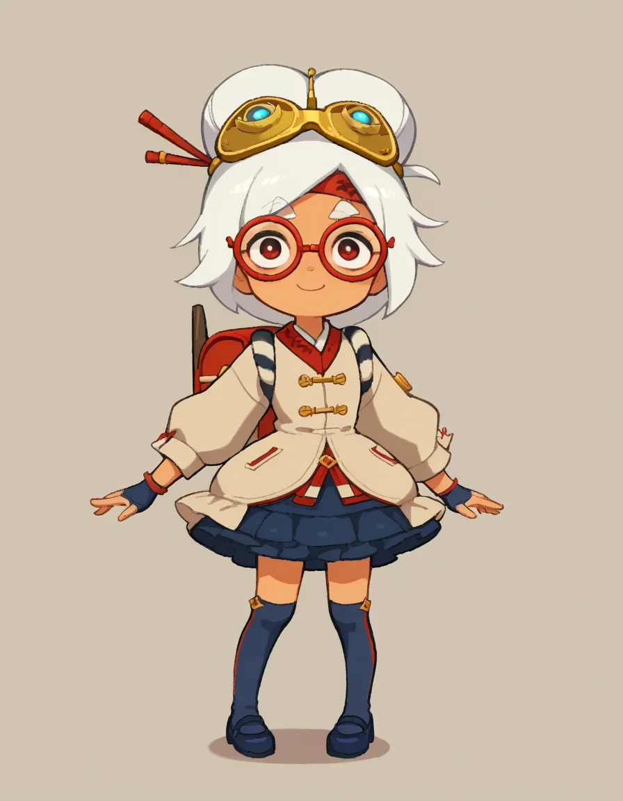 zPDXL, score_9, score_8_up, score_7_up, source_anime, 1girl, solo,
 <lora:LilPurah_v1.2:0.6> purah, sheikah, white hair, dark-skinned female, child, thick eyebrows, red eyes, red-framed eyewear, hair bun, goggles on head, beige jacket, blue skirt, frilled skirt, blue socks, kneehighs, blue footwear, mary janes, red headband, goggles on head, hair stick, hair beads, randoseru, red bag, bag straps, blue and white striped strap, fingerless gloves, blue gloves, petticoat, light smile, <lora:StickySweet_v3:1> stkyswt