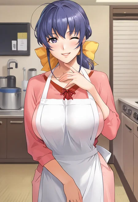 score_9, score_8_up, score_7_up, source_anime, masterpiece, 1girl, ct_haruka, blue hair, hair bow, ponytail, large breasts, pink shirt, long sleeves, apron, light pink long skirt, looking at viewer, indoors, japanese home, hand on chin, smile, one eye closed,<lora:HarukaOgihara_Pony_ct:0.9>
