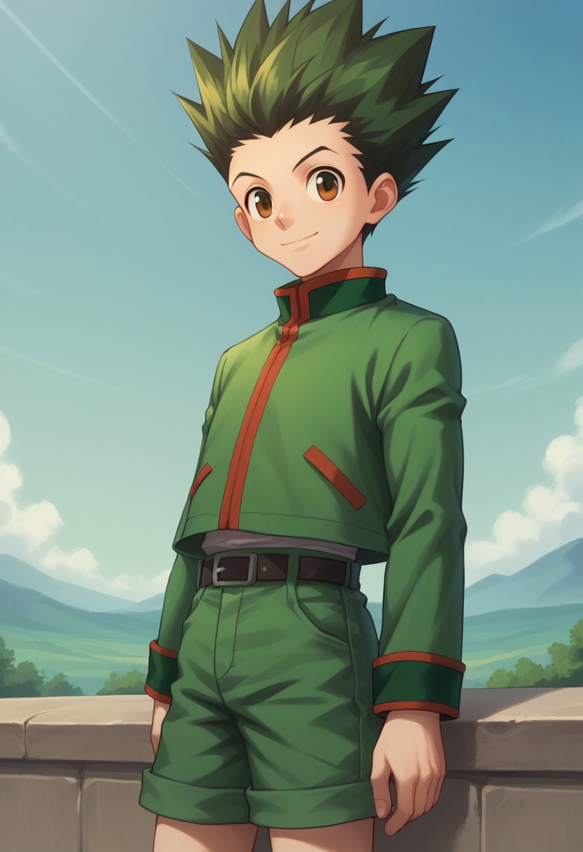 score_9, score_8_up, score_7_up, source_anime, highly detailed,
gonfreecs, solo, 1boy, male focus, green hair, spiked hair, shorts, smile, upper body, brown eyes,  belt, looking at viewer, jacket, green jacket,
outdoor, sky,