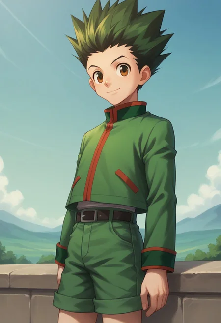 score_9, score_8_up, score_7_up, source_anime, highly detailed,
gonfreecs, solo, 1boy, male focus, green hair, spiked hair, shorts, smile, upper body, brown eyes, belt, looking at viewer, jacket, green jacket,
outdoor, sky,