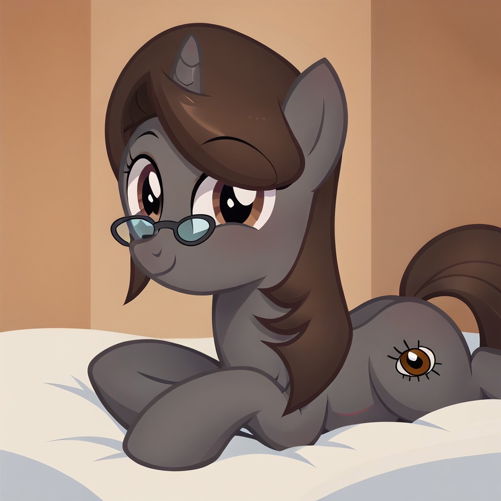 masterpiece, perfect detail, best high quality, source_pony, show accurate, cute, 1girl, solo, female, oc:sonata, glasses, pony, full body, butt, tail, laying on stomach, laying on bed, bed, bedroom, smile, closed mouth, beautiful, looking at viewer, score_9, score_8_up, score_7_up, score_6_up, score_5_up, score_4_up