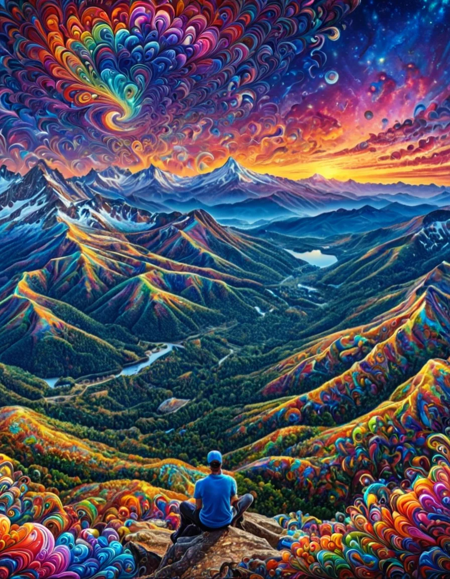 Masterpiece psychedelicv2lora, colorful, scenery, panorama, mountain overlook, 1man, portrait . Exquisite detail, flawless composition, high-resolution, stunning quality