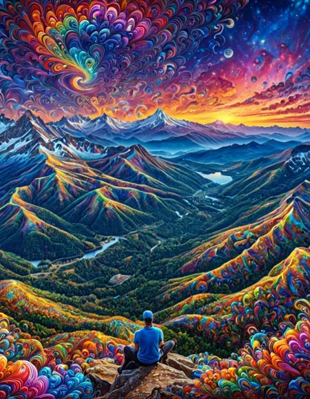 Masterpiece psychedelicv2lora, colorful, scenery, panorama, mountain overlook, 1man, portrait . Exquisite detail, flawless composition, high-resolution, stunning quality