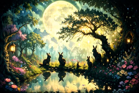 Imagine a serene and mystical forest clearing under a full moon's soft glow. In the heart of this enchanted landscape, a grand, ancient oak tree stands tall, its branches stretching wide and adorned with glowing lanterns, casting gentle light upon the surroundings. Beneath this majestic tree, a small, crystal-clear pond mirrors the moon and stars above, adding a magical sparkle to the scene. Surrounding the pond, a carpet of lush, green moss and delicate, colorful wildflowers create a vivid mosaic of life. In the foreground, a family of forest creatures, including a wise old owl perched on a branch, a curious fox peeking from behind the trees, and a pair of rabbits nestled in the grass, gather in peaceful harmony, enjoying the tranquility of the night. This tableau blends the natural beauty of the wild with a touch of fantasy, evoking a sense of wonder and enchantment <lora:Lost_In_Dreams:0.7> <lora:xl_more_art-full_v1:0.6>, (masterpiece:1.2), best quality, (hyperdetailed, highest detailed:1.2), high resolution textures