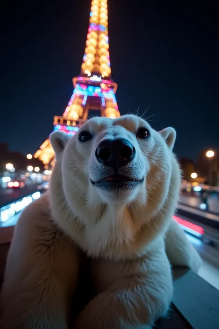 A close-up selfie of a polar bear with a smirk, perched on the edge of the Eiffel Tower at night. The background is filled with flashy, colorful lights illuminating the iconic structure. The bear's expression is mischievous, captured with dynamic lighting and a centered composition.