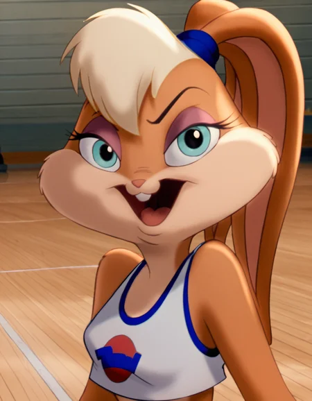 <lora:LolaBunnyPony2.o:1> lola, 1girl, solo, furry female, rabbit ears, smile, buck teeth, eyeshadow, body fur, scrunchie, blue eyes, blonde hair, breasts, midriff, score_9,crop top,score_8_up, score_7_up, score_6_up, score_5_up, score_4_up, looking at viewer,upper body, portrait, open mouth,happy,