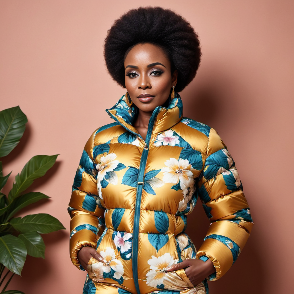 one african 40 year old women wearing aVintage floral prints    downsuit puffer_downsuit , hyperdetailed photography,4k textures,intricate details,4k resolution,  <lora:puffer_downsuit_v1:0.4>