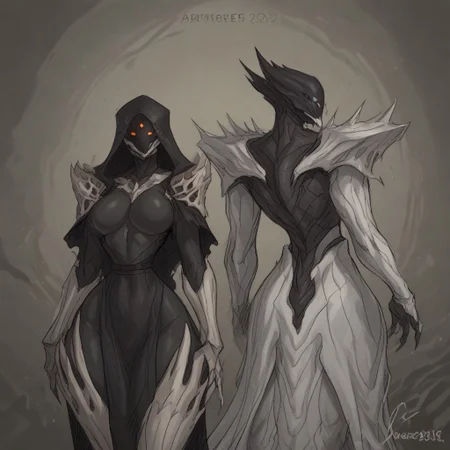 score_9, score_8_up, score_7_up, score_6_up, source_anime, detailed, exobelos style, Hive Guardian, guardian, LightHive, HiveHunter, HiveAcolyte, robes, chitinous armor, glowing eyes, three eyes, colored skin, wide hips, large breasts, standing, back at viewer