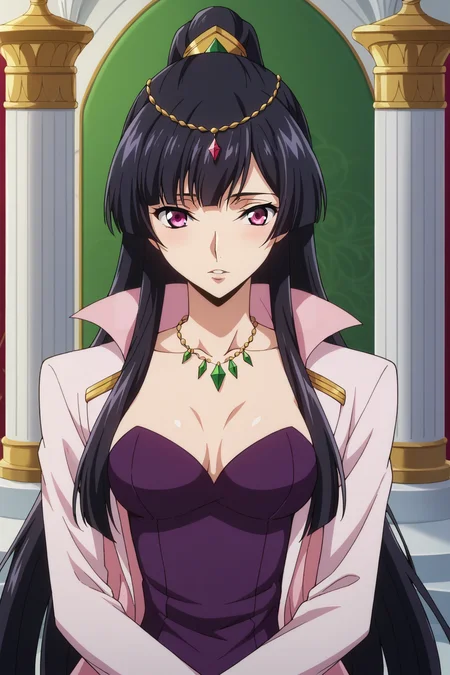 score_9, score_8_up, score_7_up, source_anime, 1girl, prefect lighting, very aesthetic, intricate details, highly detailed background, masterpiece, high quality, prefect hands, best quality, solo,
<lora:Sakuya_Sumeragi_Code_Geass_Rozé_of_the_Recapture_V2:.85>, KJOsakuya, black hair, pink eyes, hime cut, long hair,
purple dress, pink open jacket, long sleeves, necklace, hair ornament, ponytail, 
expressionless, parted lips, head tilt, blush, standing, 
ballroom, chandelier, pillar, 
(Beautiful, medium Breasts:1.2), natural breasts,